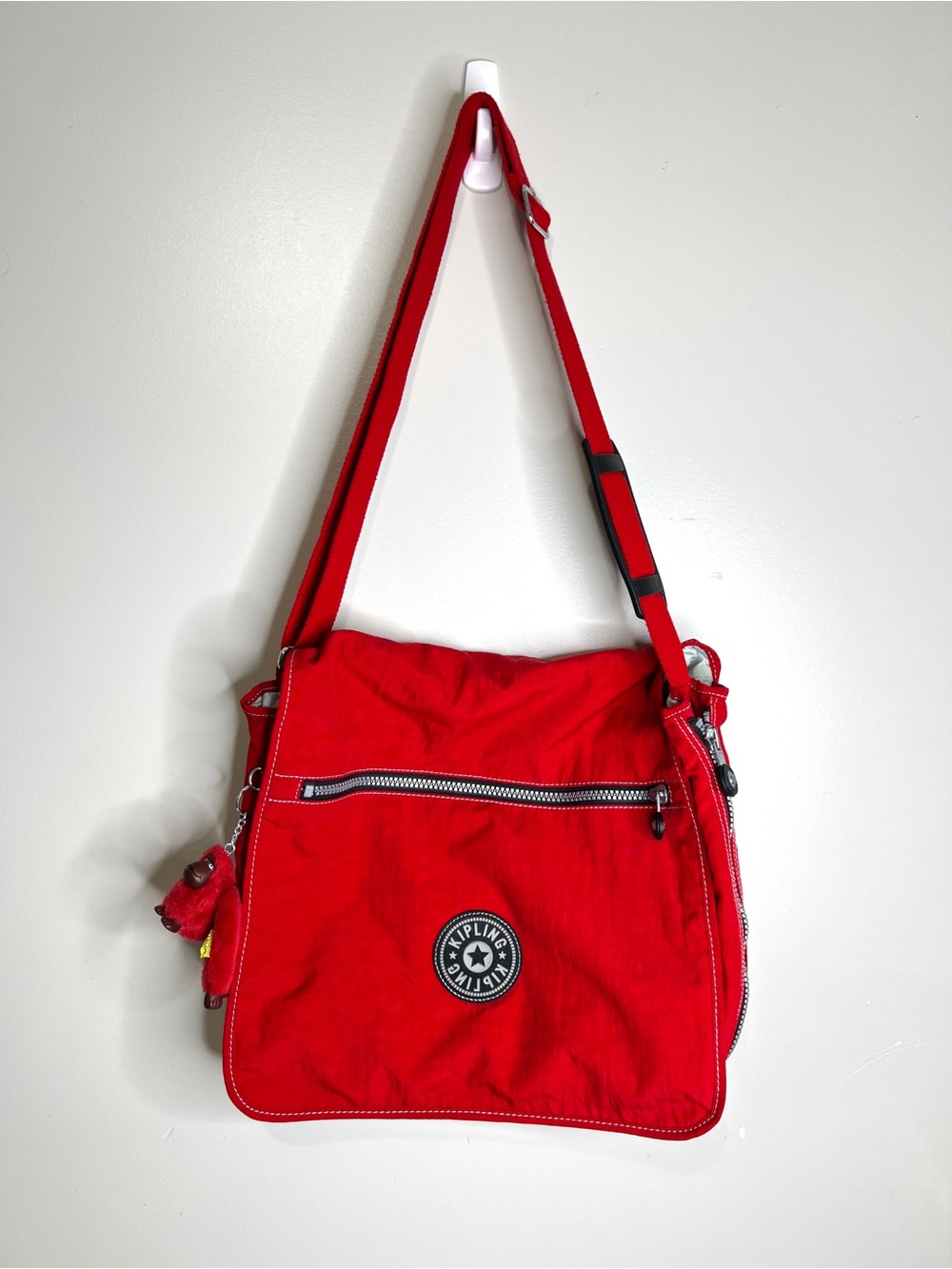 Kipling Expandable Red Messenger Bag With Carlos Monkey Keychain Bag Charm